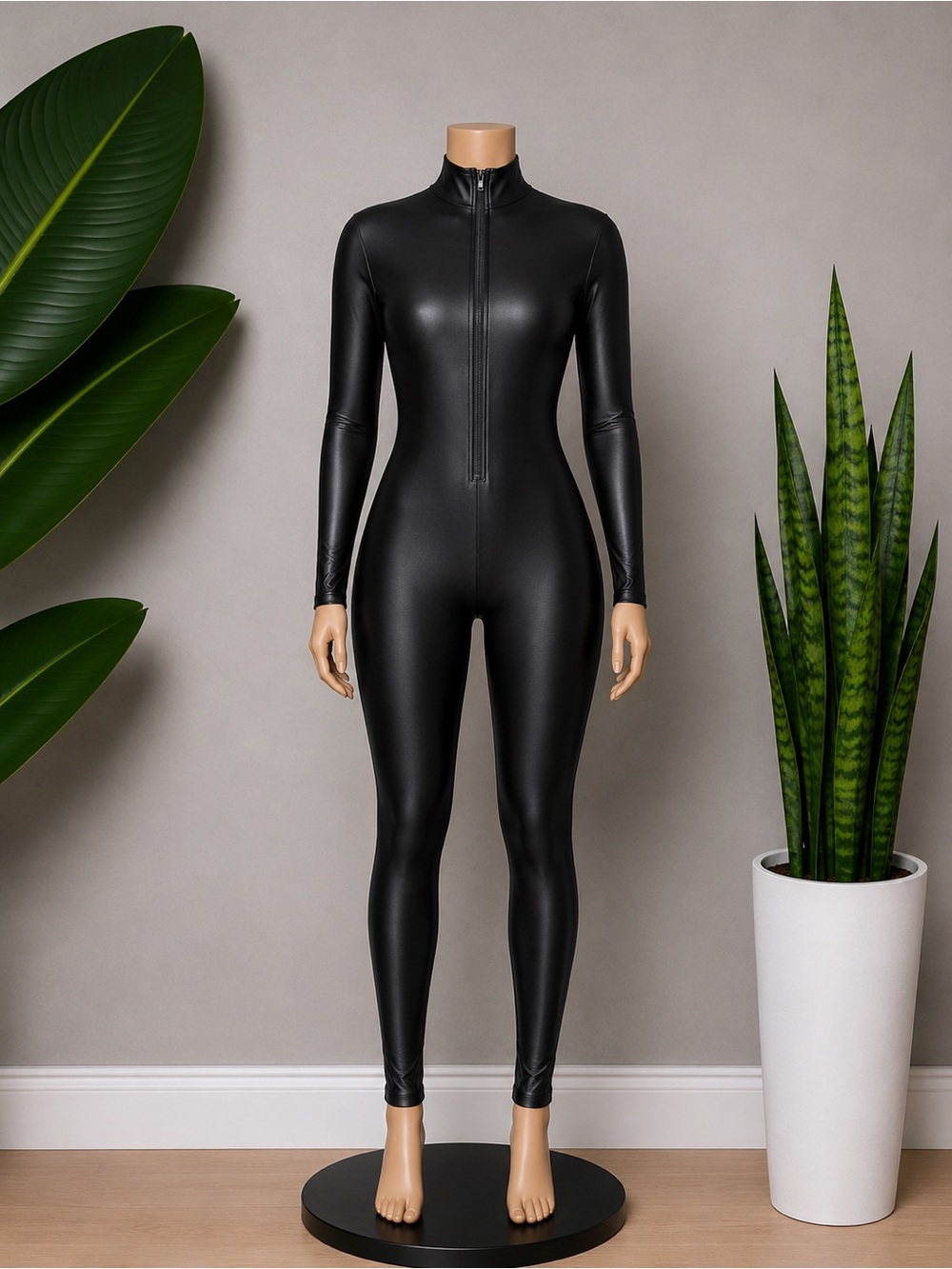 Women's Black Long-Sleeve Zippered Catsuit